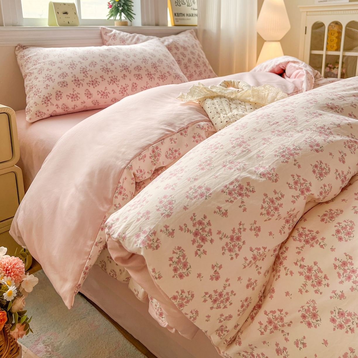 91家纺网 家纺一手货源 找家纺 格真 2026新款韩国小布袋A类古法水洗仿棉云感纱四件套 七分甜