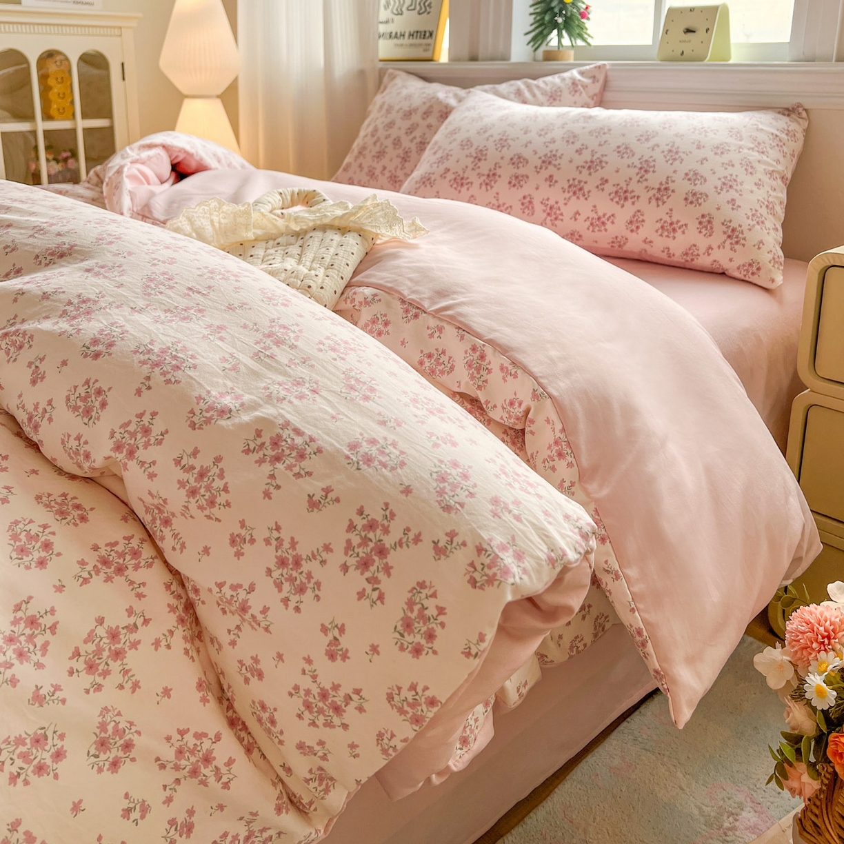 91家纺网 家纺一手货源 找家纺 格真 2026新款韩国小布袋A类古法水洗仿棉云感纱四件套 七分甜