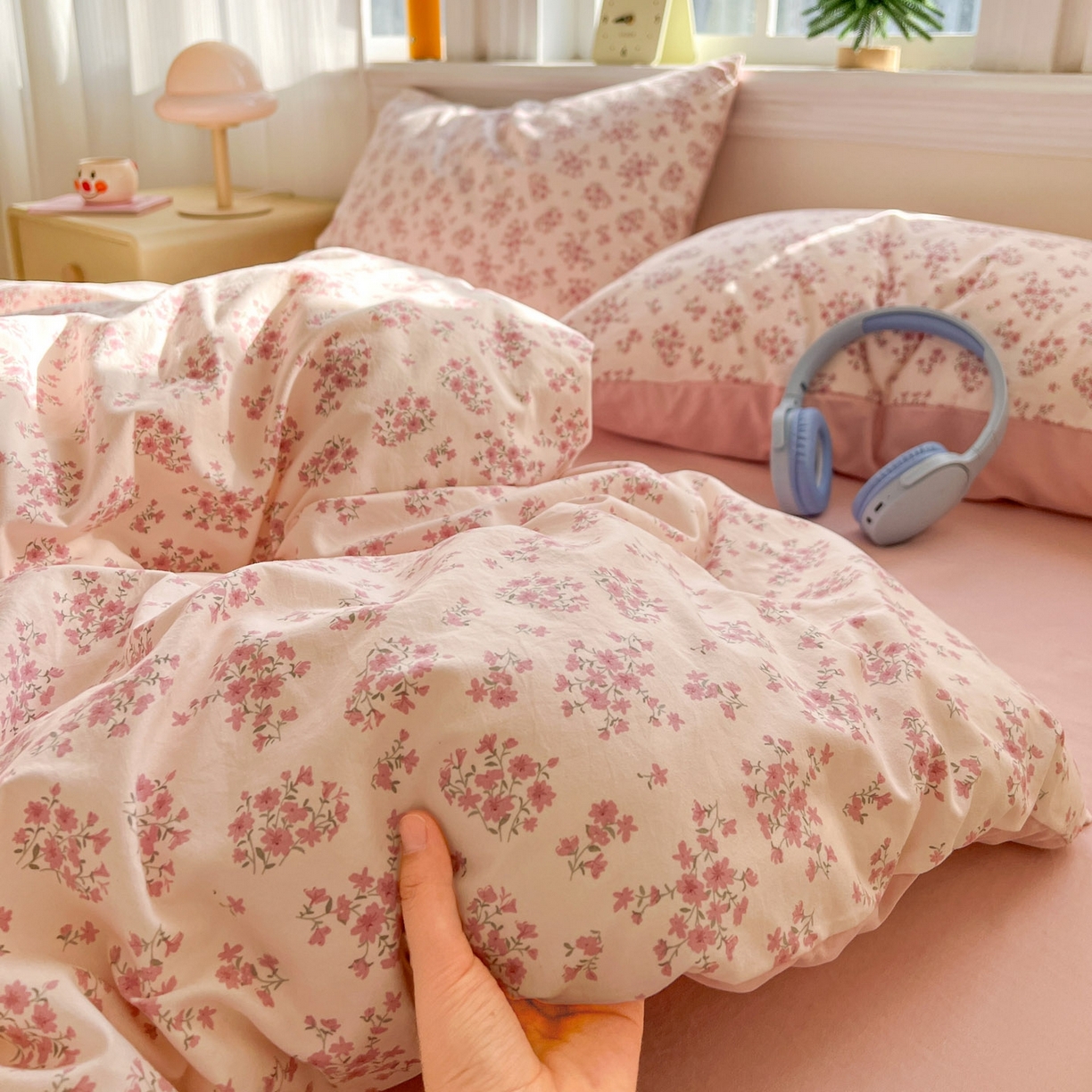 91家纺网 家纺一手货源 找家纺 格真 2026新款韩国小布袋A类古法水洗仿棉云感纱四件套 七分甜