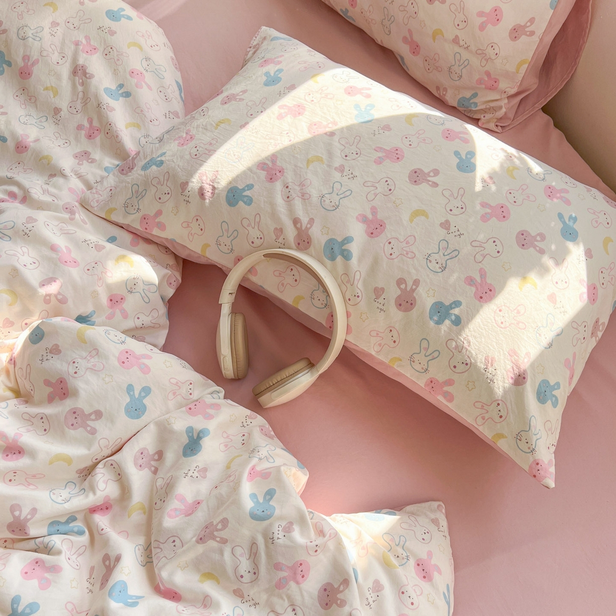 91家纺网 家纺一手货源 找家纺 格真 2026新款韩国小布袋A类古法水洗仿棉云感纱四件套 兔耳朵