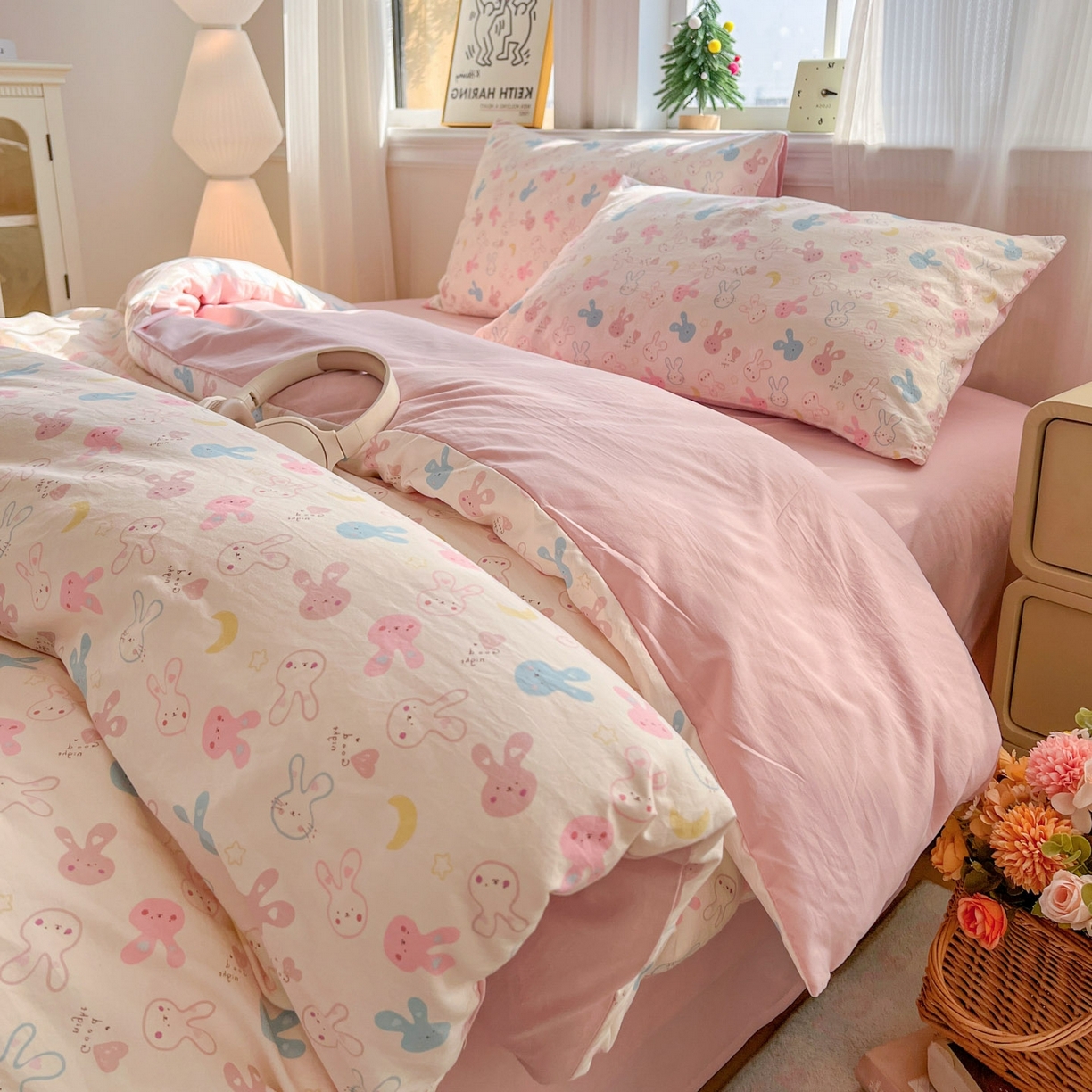 91家纺网 家纺一手货源 找家纺 格真 2026新款韩国小布袋A类古法水洗仿棉云感纱四件套 兔耳朵