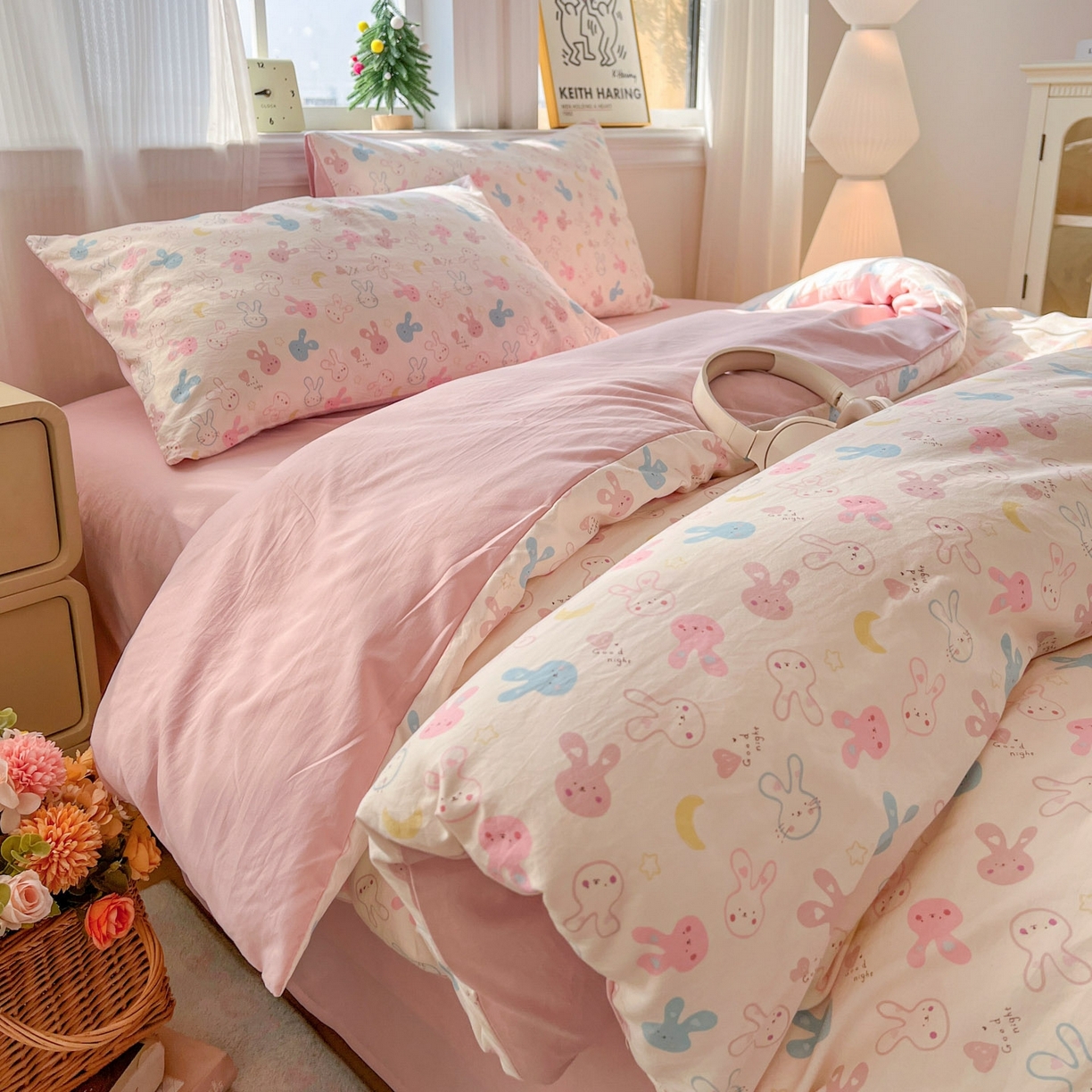 91家纺网 家纺一手货源 找家纺 格真 2026新款韩国小布袋A类古法水洗仿棉云感纱四件套 兔耳朵