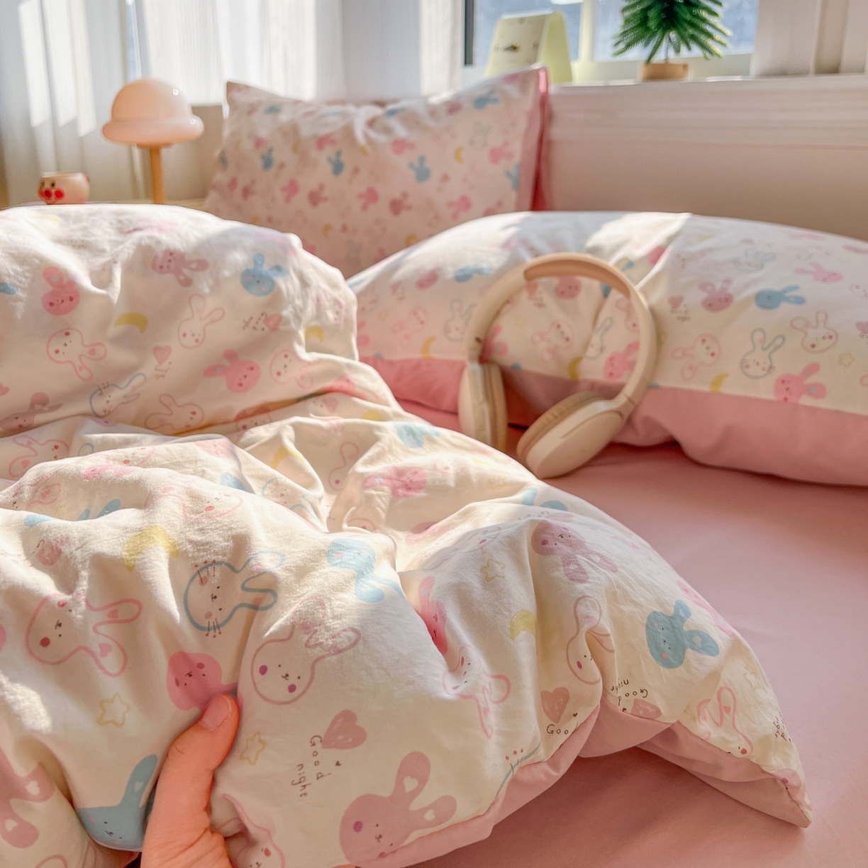 91家纺网 家纺一手货源 找家纺 格真 2026新款韩国小布袋A类古法水洗仿棉云感纱四件套 兔耳朵