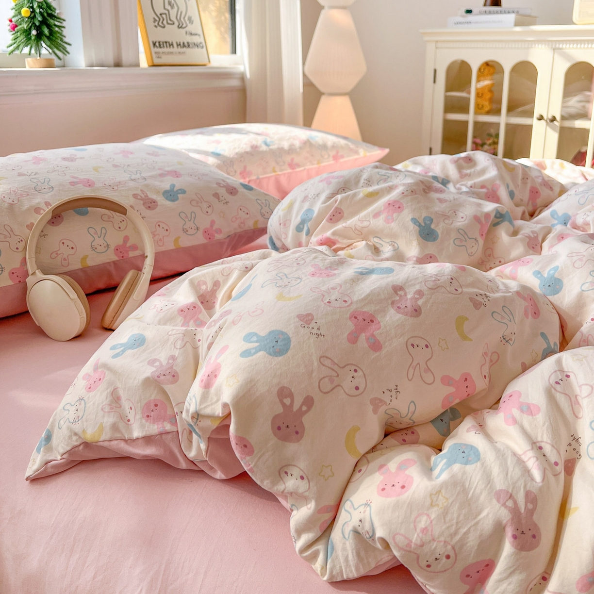 91家纺网 家纺一手货源 找家纺 格真 2026新款韩国小布袋A类古法水洗仿棉云感纱四件套 兔耳朵