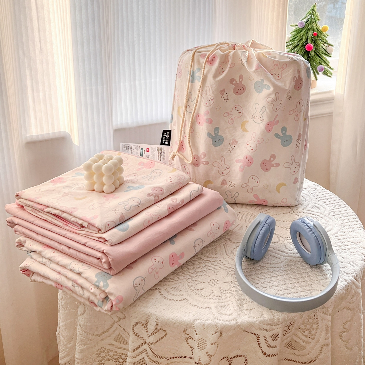 91家纺网 家纺一手货源 找家纺 格真 2026新款韩国小布袋A类古法水洗仿棉云感纱四件套 兔耳朵