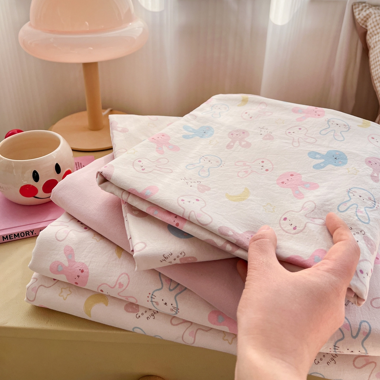 91家纺网 家纺一手货源 找家纺 格真 2026新款韩国小布袋A类古法水洗仿棉云感纱四件套 兔耳朵