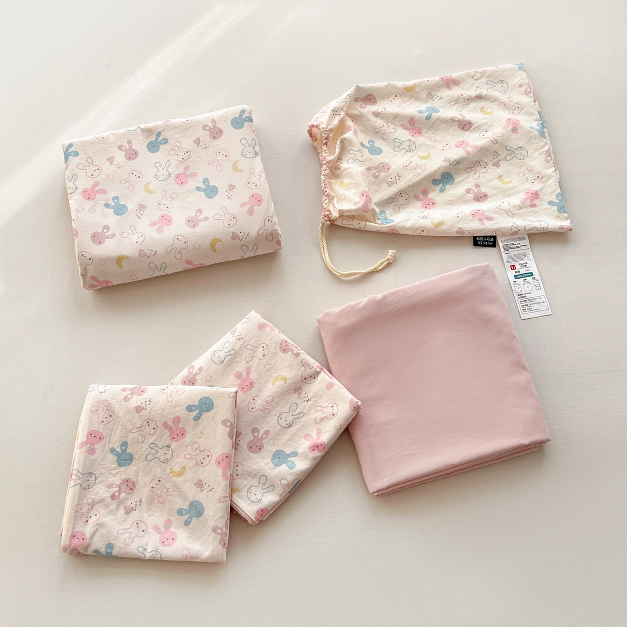 91家纺网 家纺一手货源 找家纺 格真 2026新款韩国小布袋A类古法水洗仿棉云感纱四件套 兔耳朵