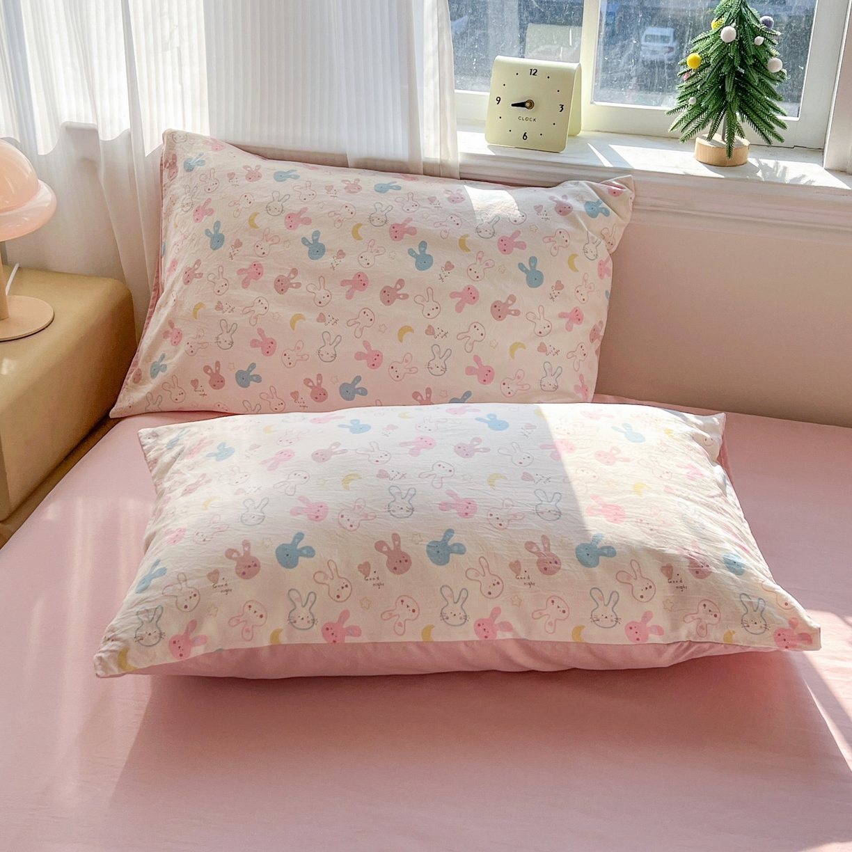 91家纺网 家纺一手货源 找家纺 格真 2026新款韩国小布袋A类古法水洗仿棉云感纱四件套 兔耳朵