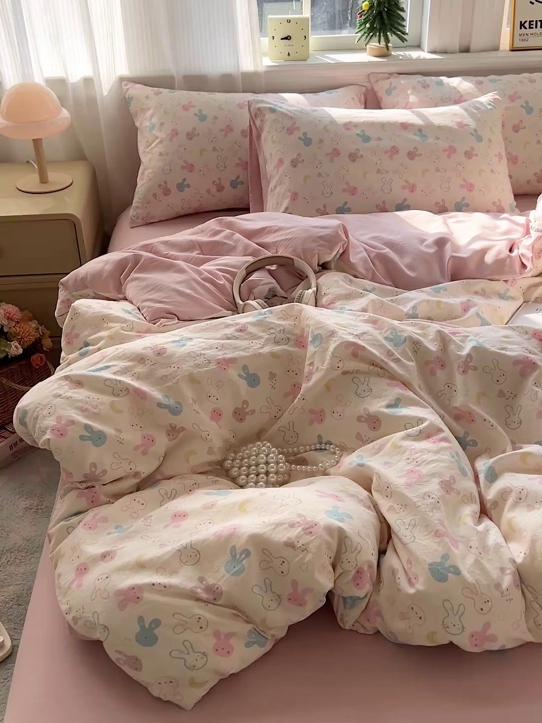 91家纺网 家纺一手货源 找家纺 格真 2026新款韩国小布袋A类古法水洗仿棉云感纱四件套 兔耳朵