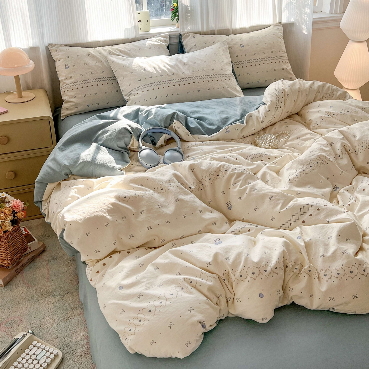 91家纺网 家纺一手货源 找家纺 格真 2026新款韩国小布袋A类古法水洗仿棉云感纱四件套 小情调