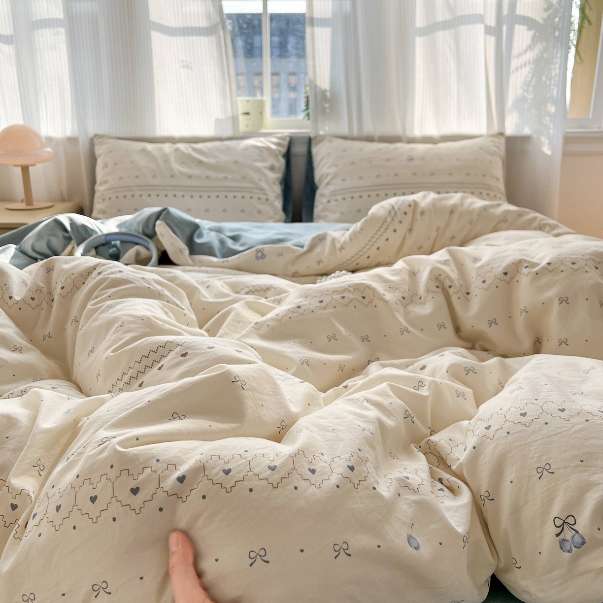 91家纺网 家纺一手货源 找家纺 格真 2026新款韩国小布袋A类古法水洗仿棉云感纱四件套 小情调