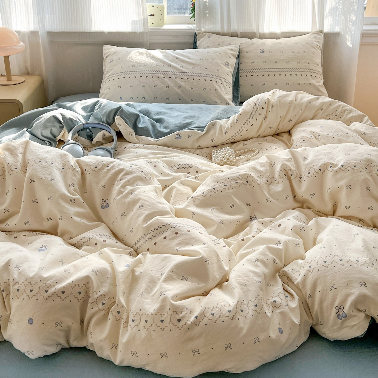 91家纺网 家纺一手货源 找家纺 格真 2026新款韩国小布袋A类古法水洗仿棉云感纱四件套 小情调