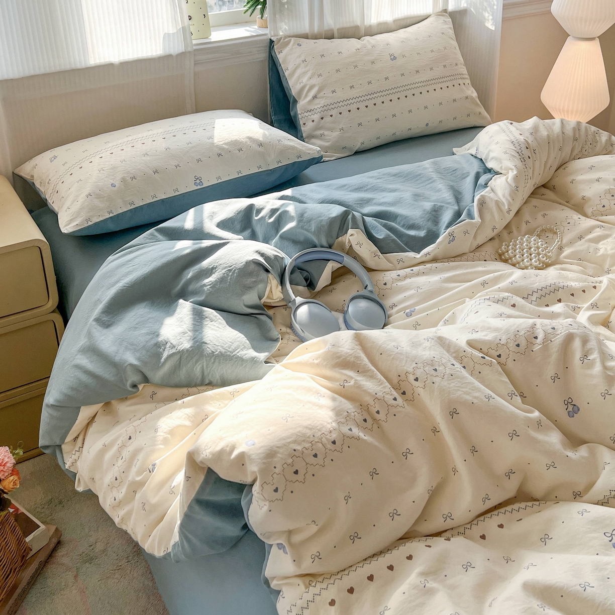 91家纺网 家纺一手货源 找家纺 格真 2026新款韩国小布袋A类古法水洗仿棉云感纱四件套 小情调