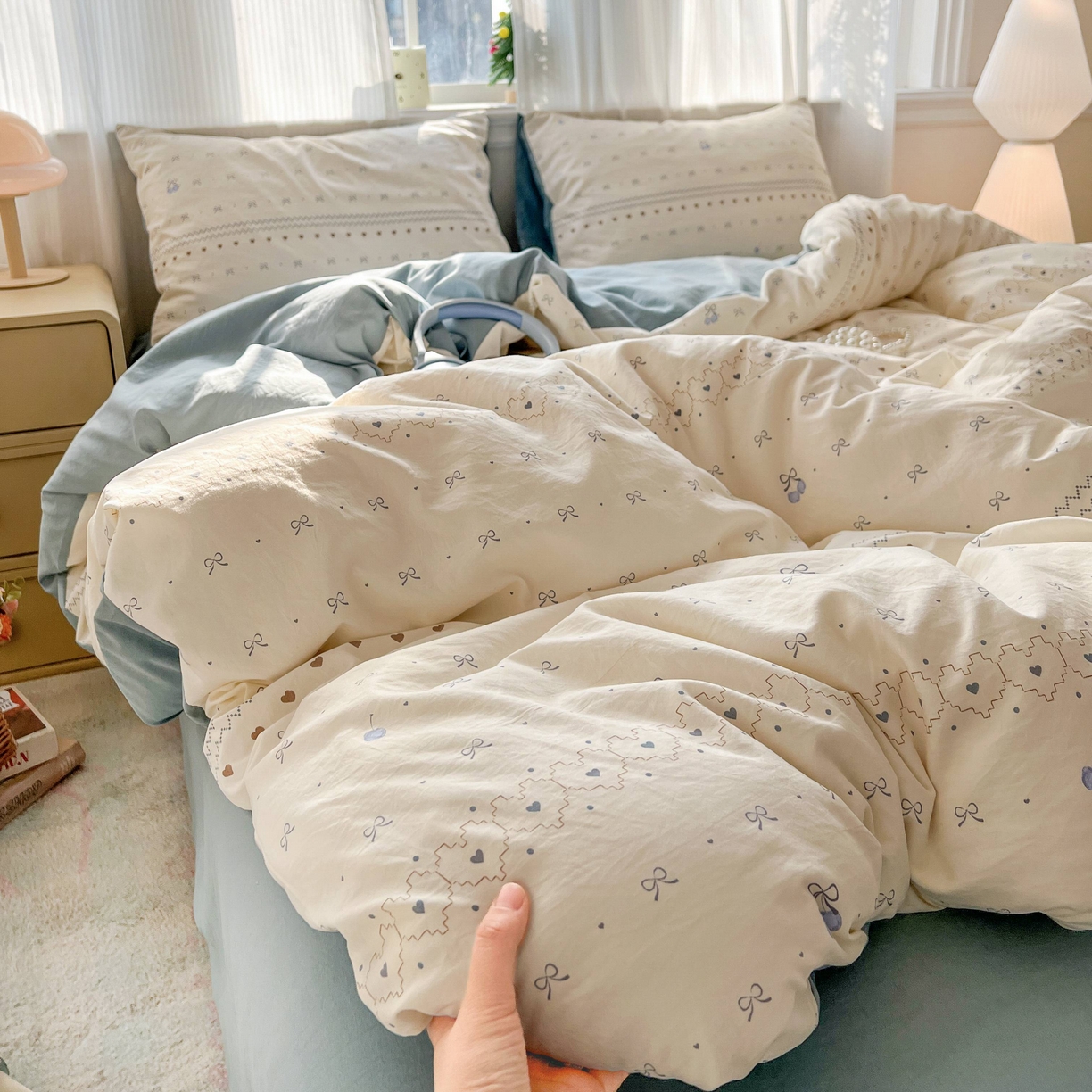 91家纺网 家纺一手货源 找家纺 格真 2026新款韩国小布袋A类古法水洗仿棉云感纱四件套 小情调