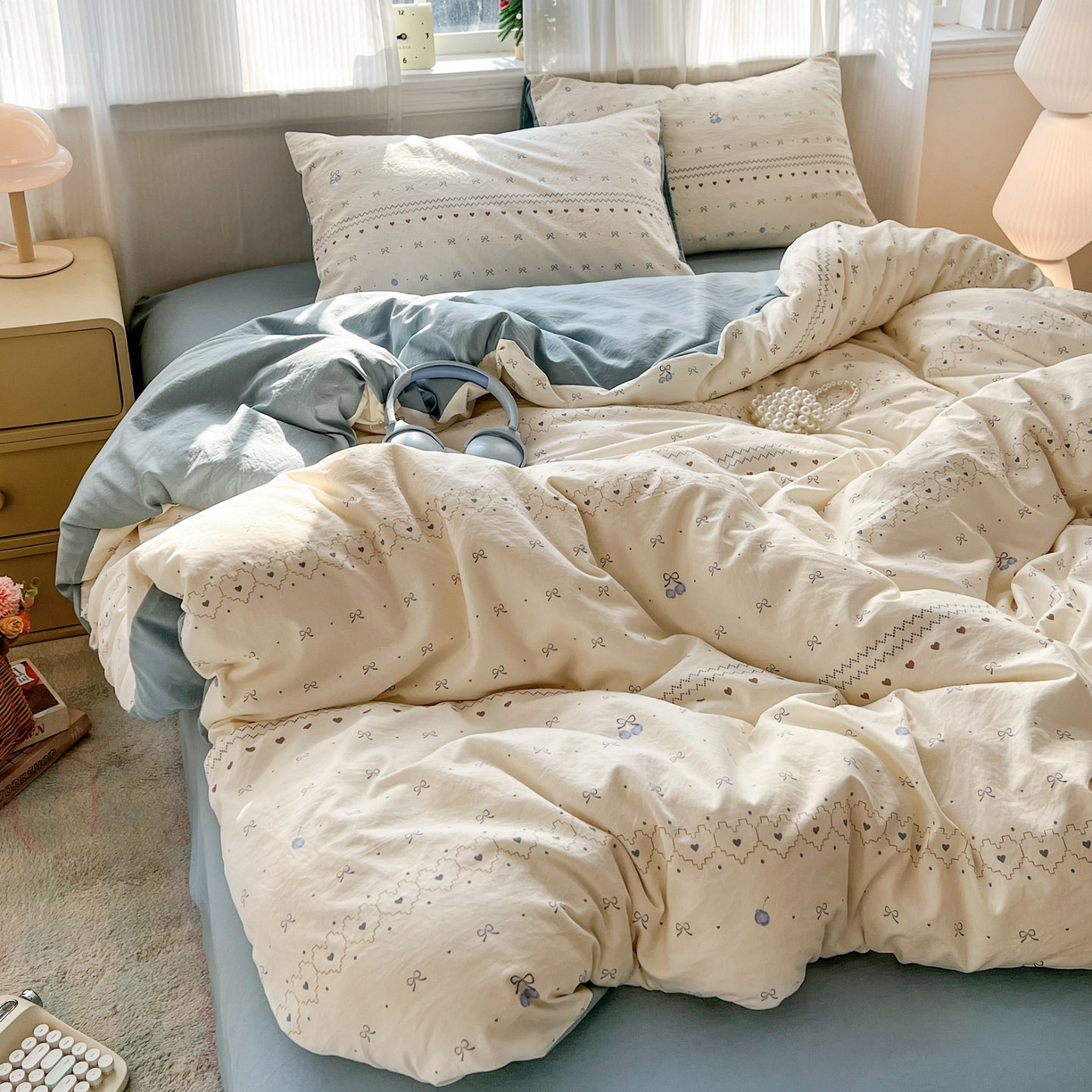 91家纺网 家纺一手货源 找家纺 格真 2026新款韩国小布袋A类古法水洗仿棉云感纱四件套 小情调