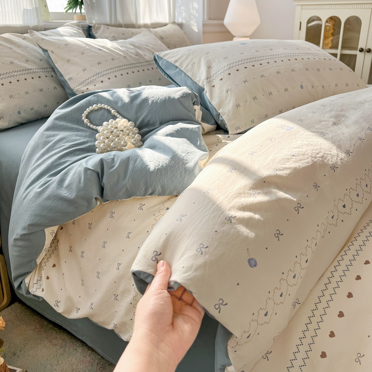 91家纺网 家纺一手货源 找家纺 格真 2026新款韩国小布袋A类古法水洗仿棉云感纱四件套 小情调