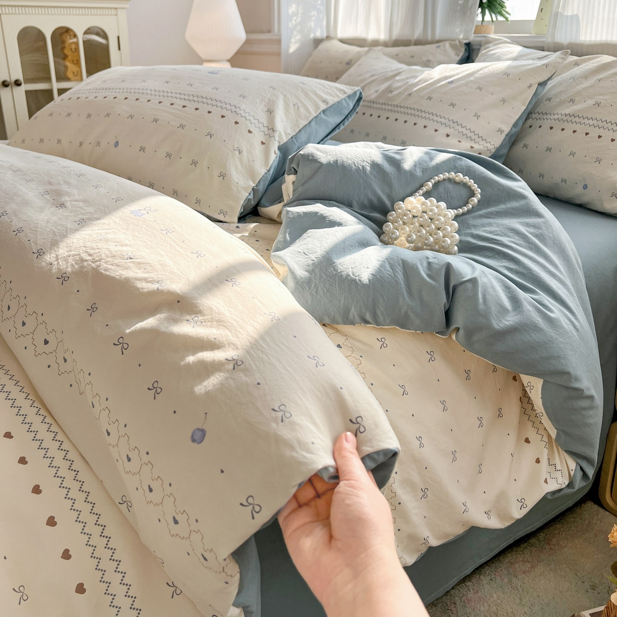 91家纺网 家纺一手货源 找家纺 格真 2026新款韩国小布袋A类古法水洗仿棉云感纱四件套 小情调