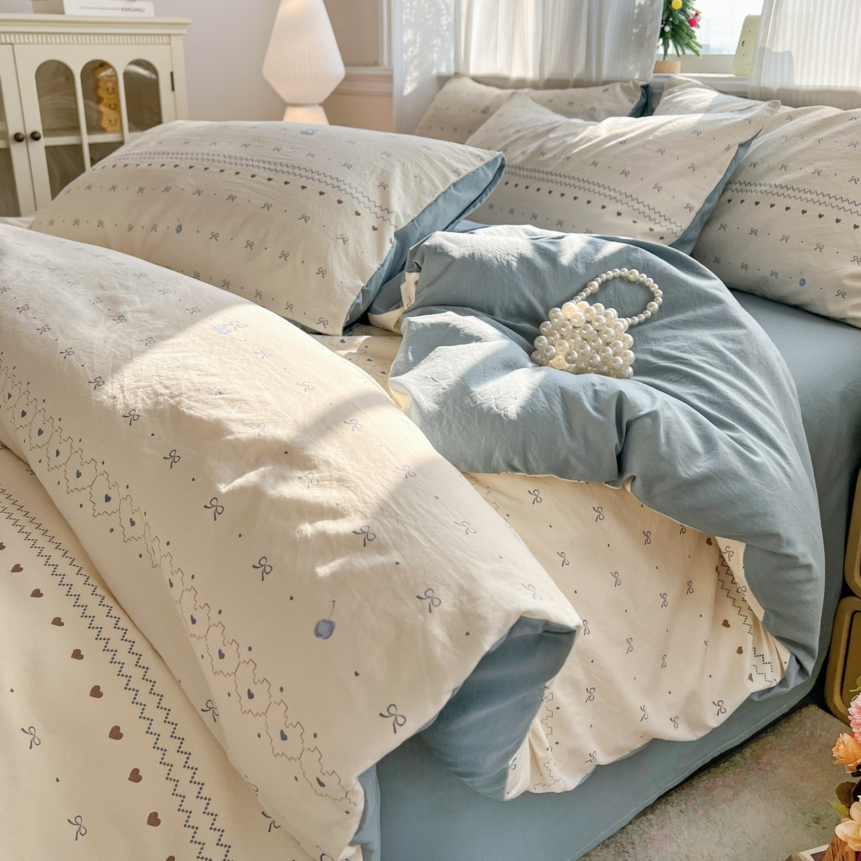 91家纺网 家纺一手货源 找家纺 格真 2026新款韩国小布袋A类古法水洗仿棉云感纱四件套 小情调