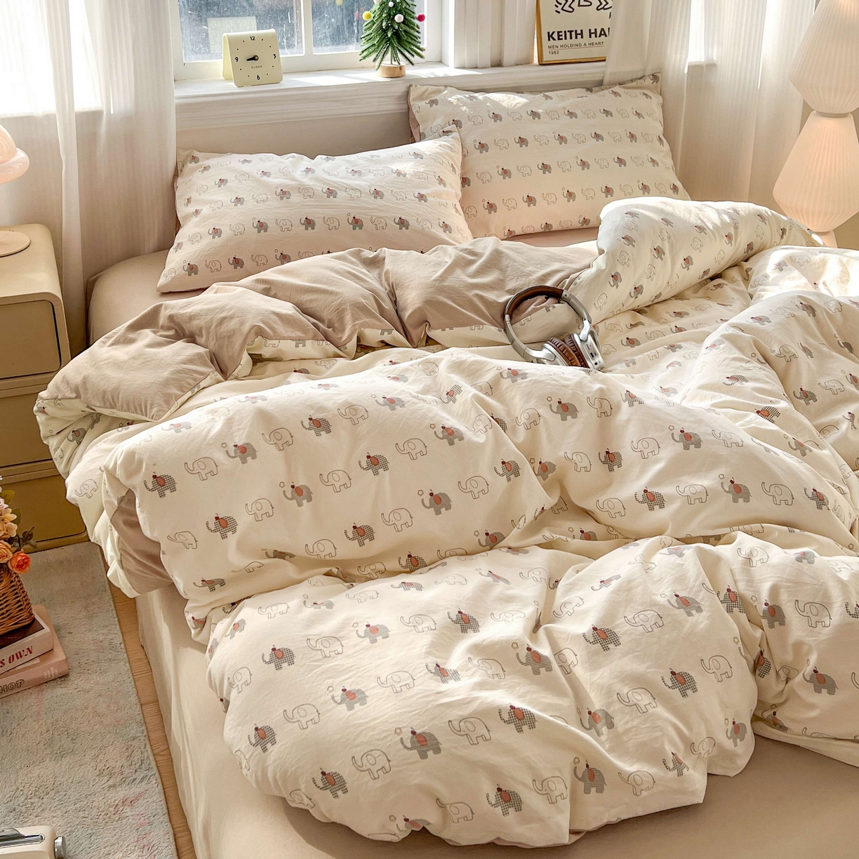 91家纺网 家纺一手货源 找家纺 格真 2026新款韩国小布袋A类古法水洗仿棉云感纱四件套 小象派对