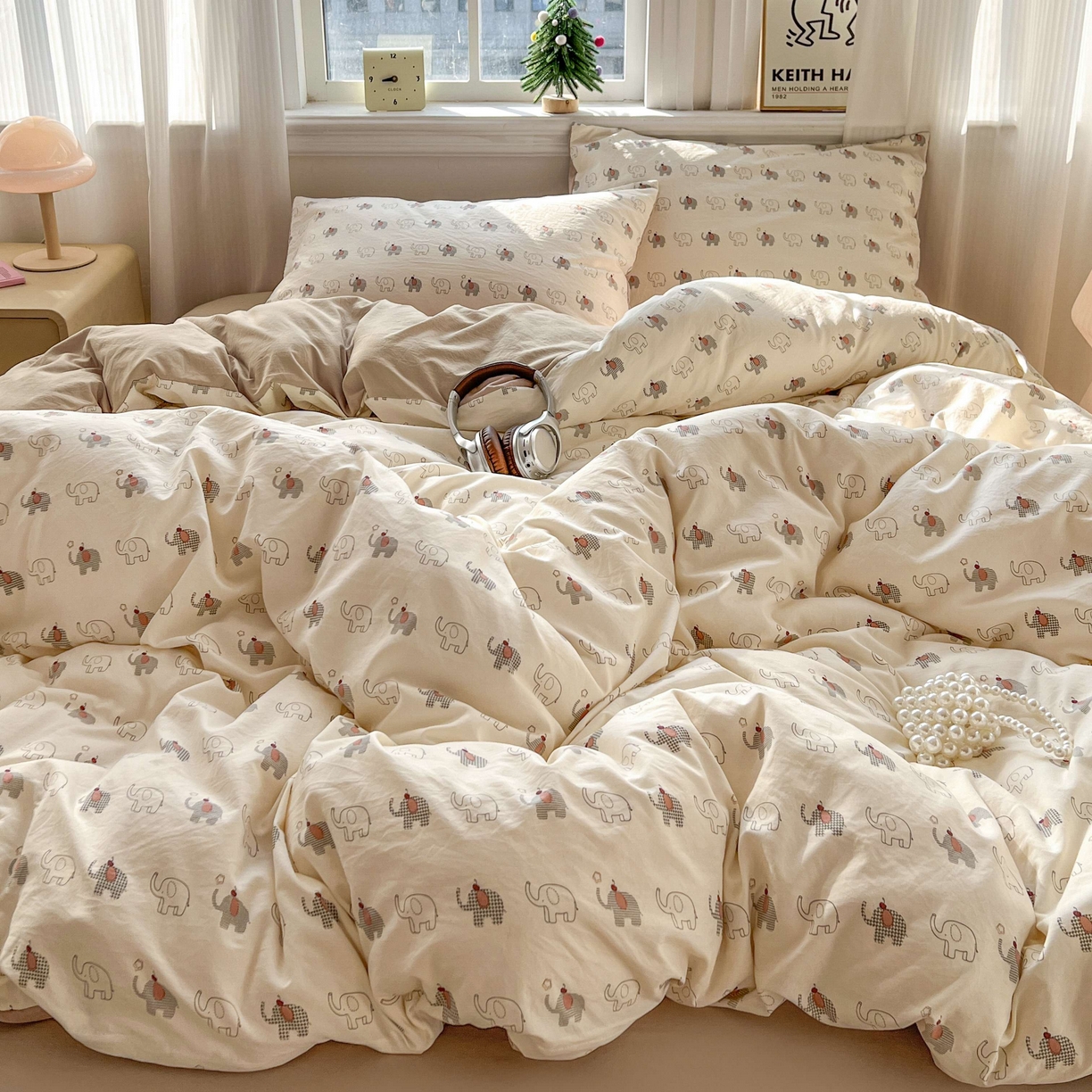 91家纺网 家纺一手货源 找家纺 格真 2026新款韩国小布袋A类古法水洗仿棉云感纱四件套 小象派对