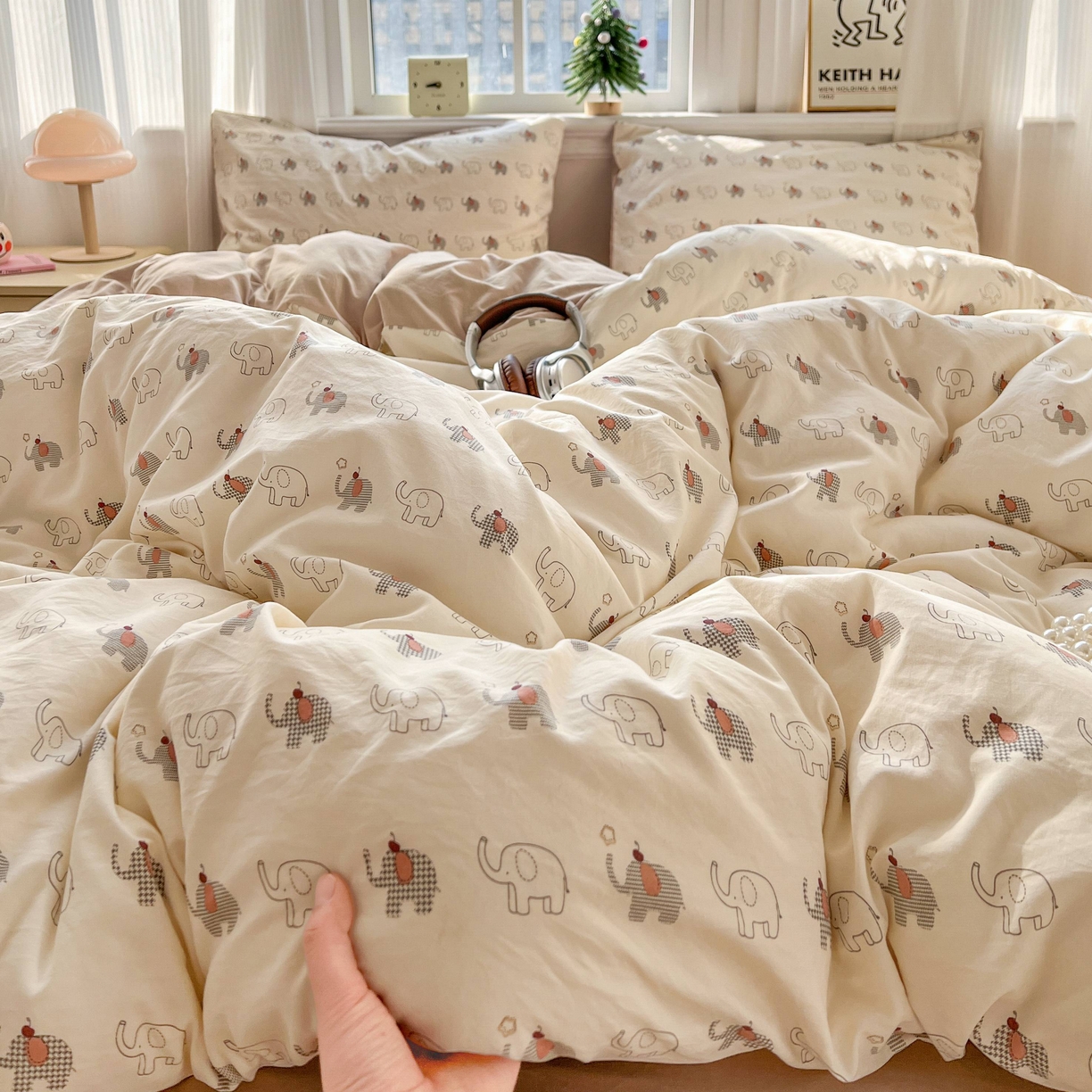 91家纺网 家纺一手货源 找家纺 格真 2026新款韩国小布袋A类古法水洗仿棉云感纱四件套 小象派对