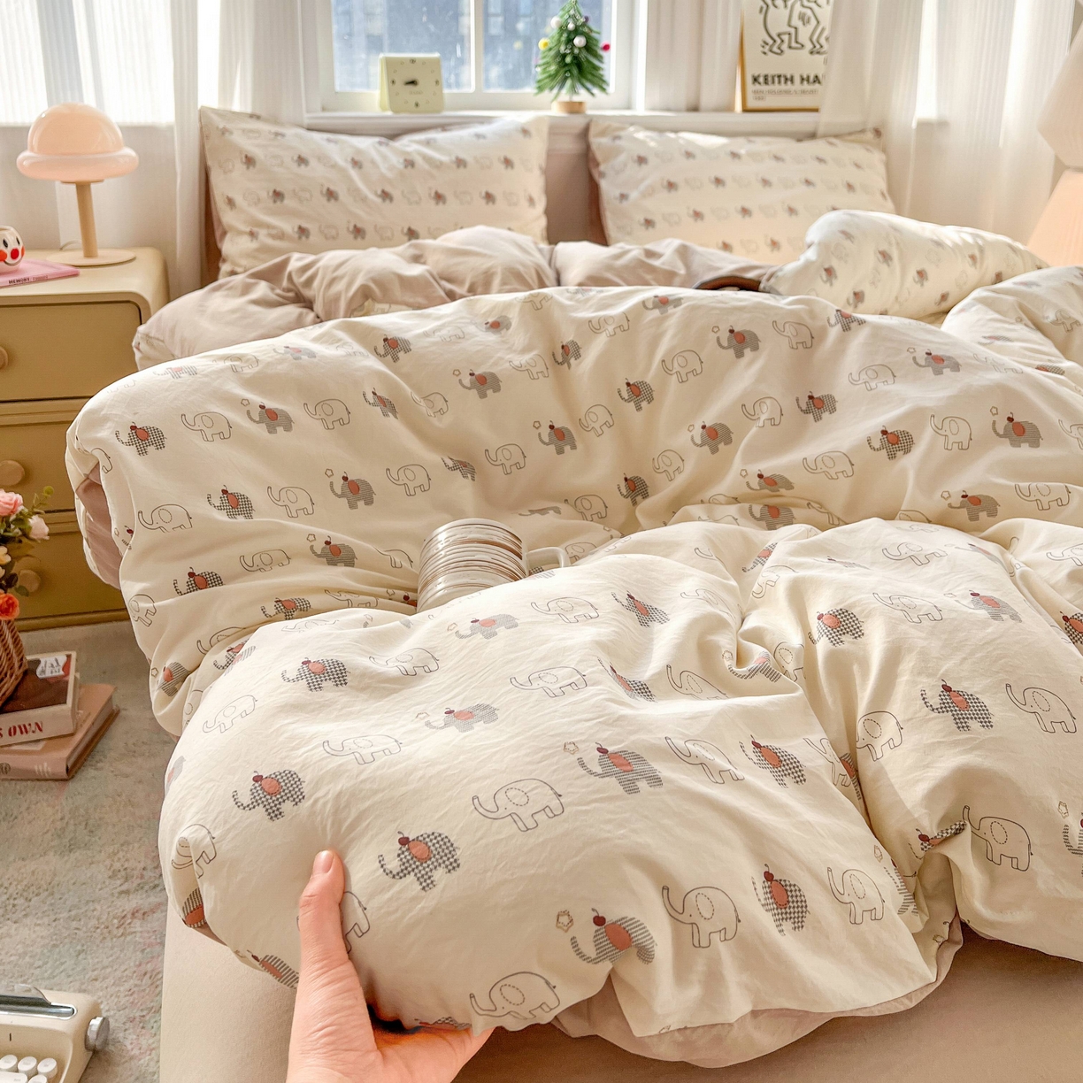 91家纺网 家纺一手货源 找家纺 格真 2026新款韩国小布袋A类古法水洗仿棉云感纱四件套 小象派对