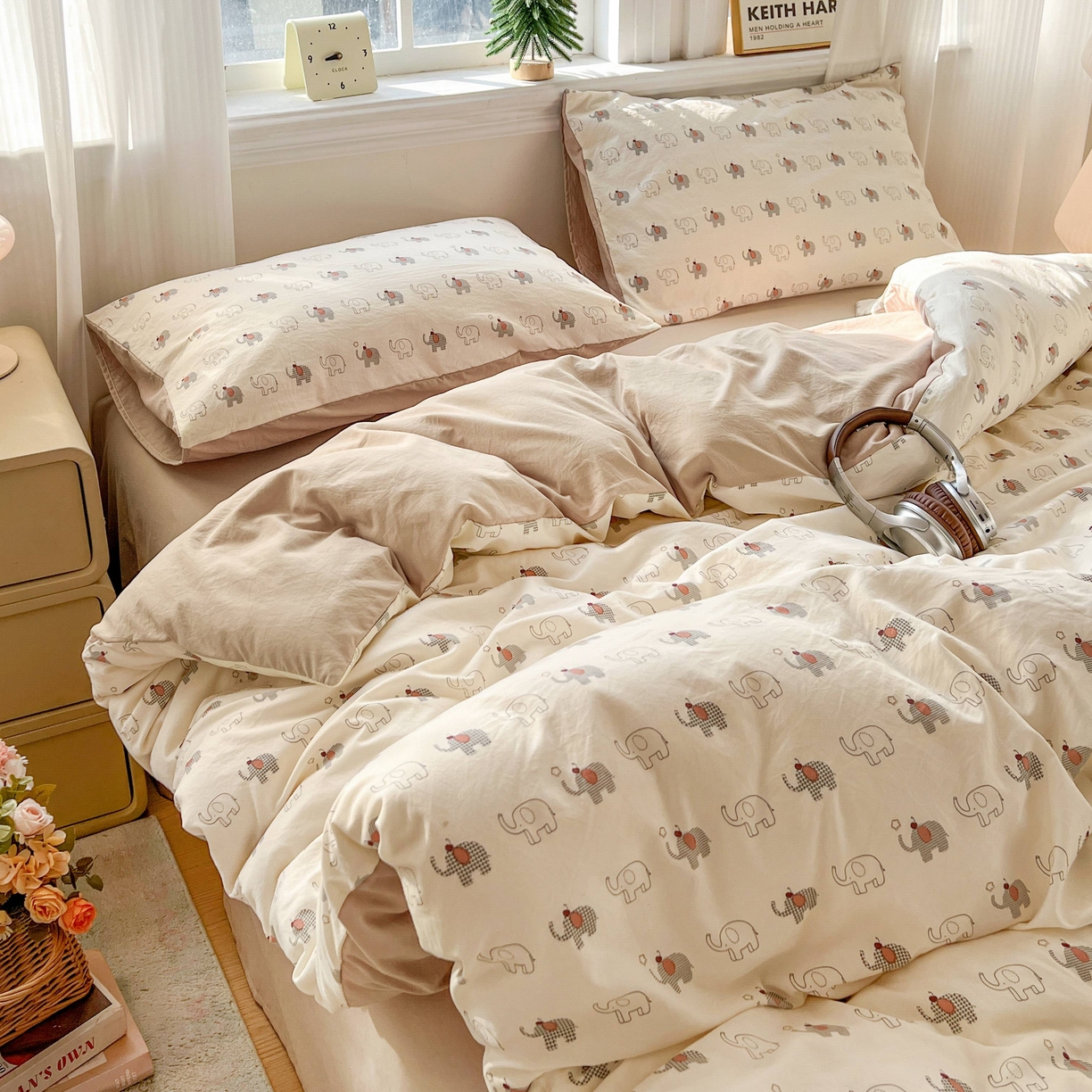 91家纺网 家纺一手货源 找家纺 格真 2026新款韩国小布袋A类古法水洗仿棉云感纱四件套 小象派对