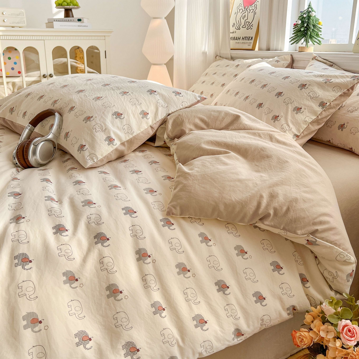 91家纺网 家纺一手货源 找家纺 格真 2026新款韩国小布袋A类古法水洗仿棉云感纱四件套 小象派对