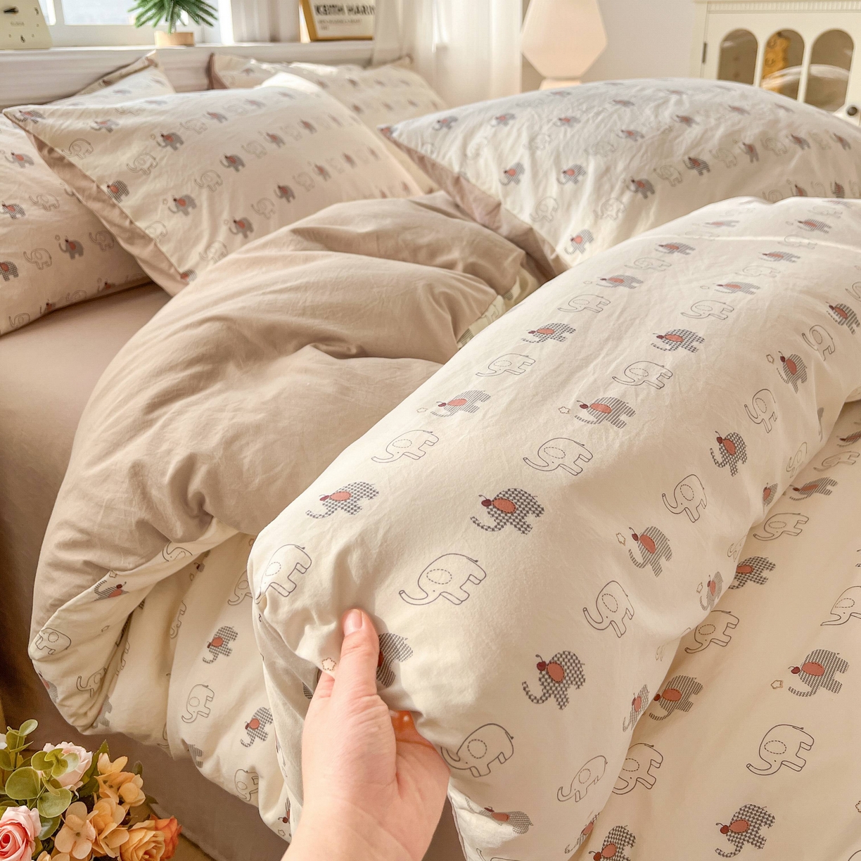 91家纺网 家纺一手货源 找家纺 格真 2026新款韩国小布袋A类古法水洗仿棉云感纱四件套 小象派对