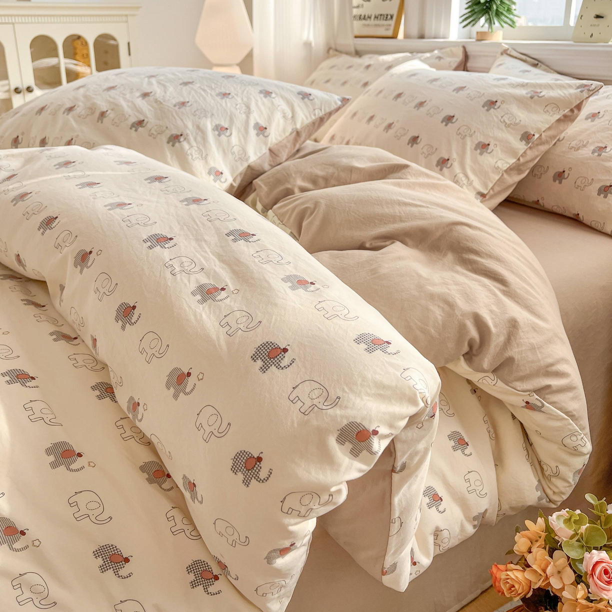 91家纺网 家纺一手货源 找家纺 格真 2026新款韩国小布袋A类古法水洗仿棉云感纱四件套 小象派对