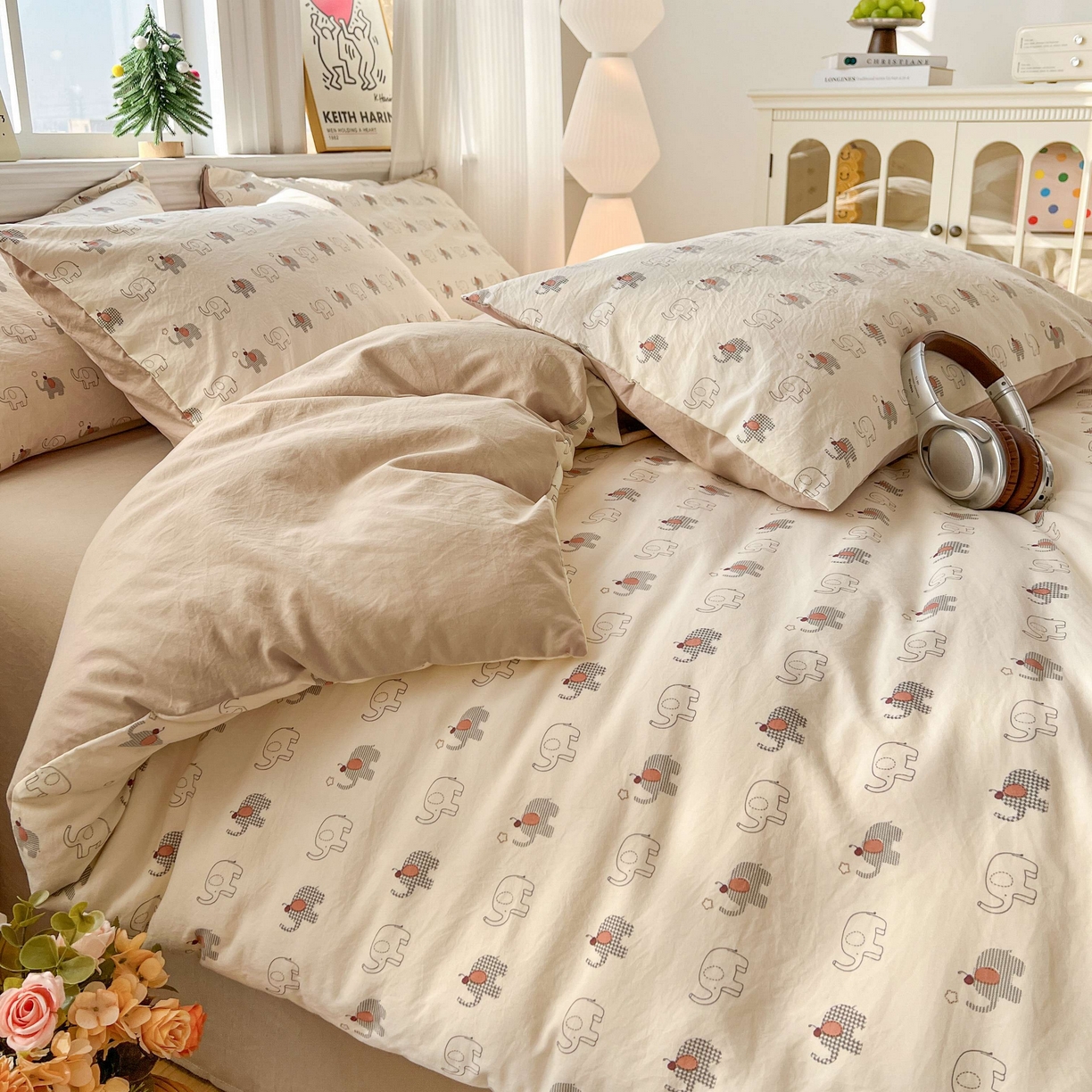 91家纺网 家纺一手货源 找家纺 格真 2026新款韩国小布袋A类古法水洗仿棉云感纱四件套 小象派对