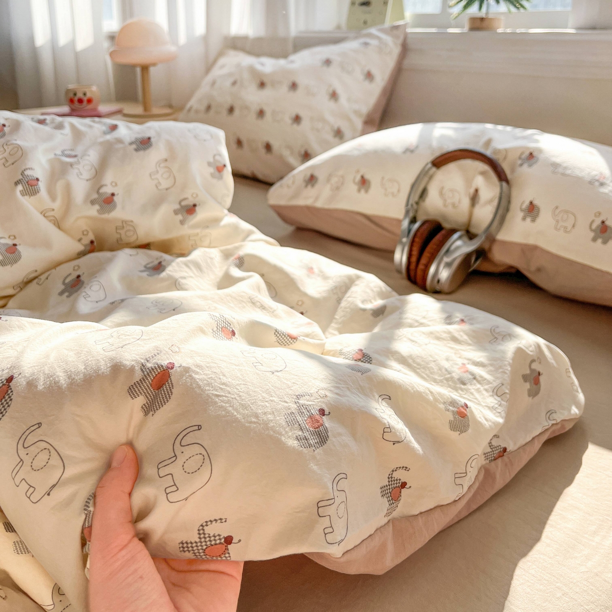 91家纺网 家纺一手货源 找家纺 格真 2026新款韩国小布袋A类古法水洗仿棉云感纱四件套 小象派对