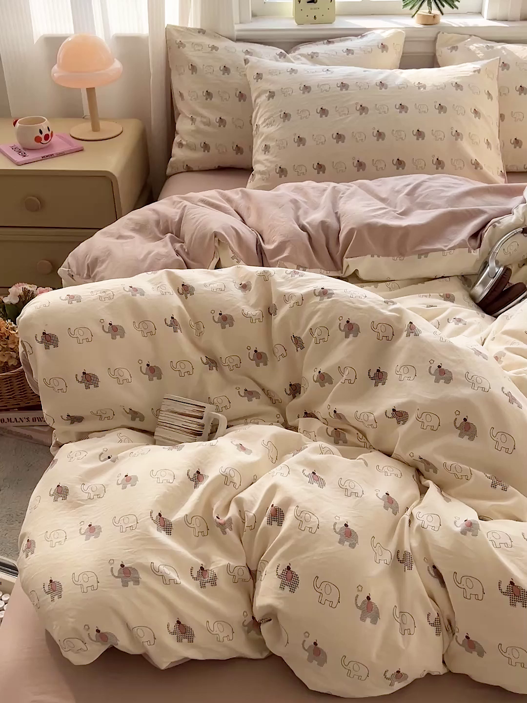 91家纺网 家纺一手货源 找家纺 格真 2026新款韩国小布袋A类古法水洗仿棉云感纱四件套 小象派对