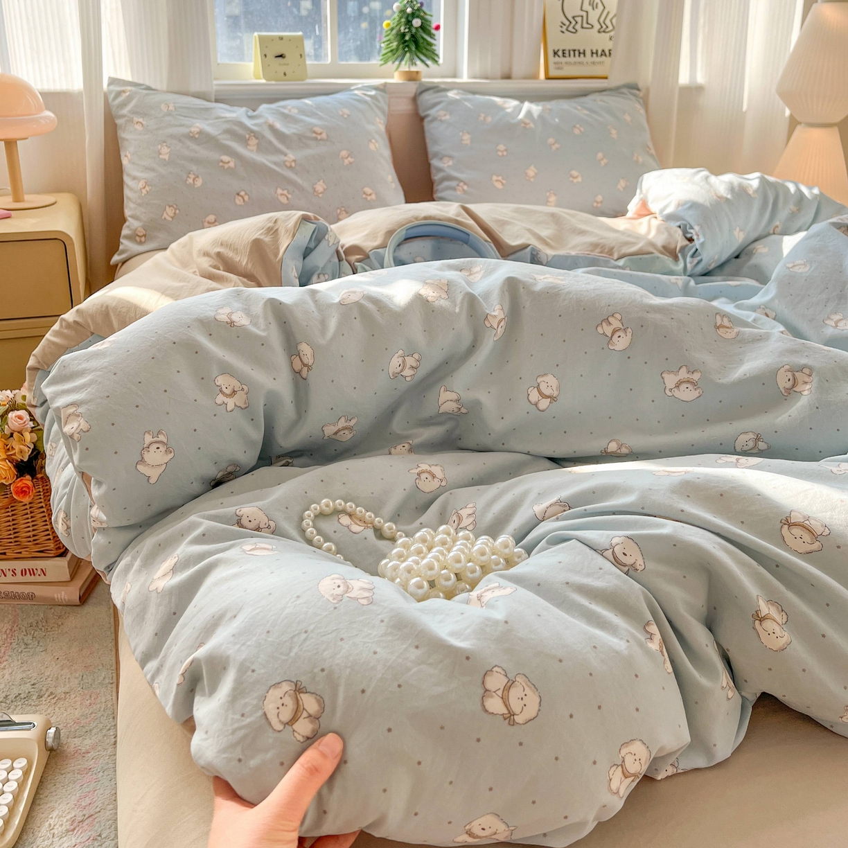 91家纺网 家纺一手货源 找家纺 格真 2026新款韩国小布袋A类古法水洗仿棉云感纱四件套 星愿狗