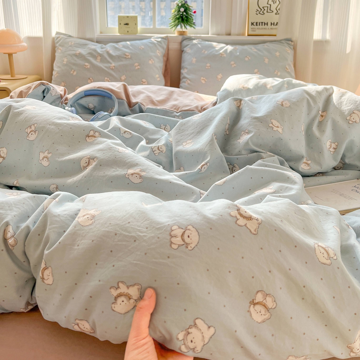 91家纺网 家纺一手货源 找家纺 格真 2026新款韩国小布袋A类古法水洗仿棉云感纱四件套 星愿狗