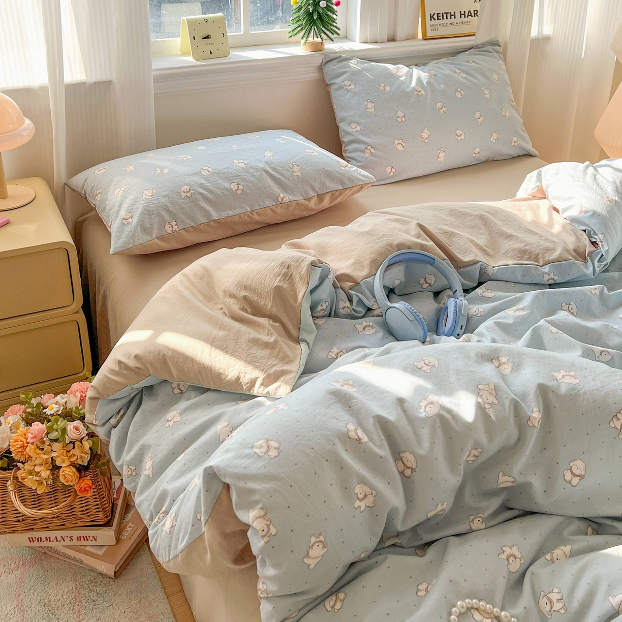 91家纺网 家纺一手货源 找家纺 格真 2026新款韩国小布袋A类古法水洗仿棉云感纱四件套 星愿狗