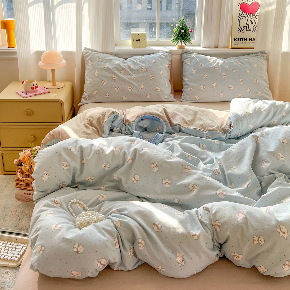 91家纺网 家纺一手货源 找家纺 格真 2026新款韩国小布袋A类古法水洗仿棉云感纱四件套 星愿狗