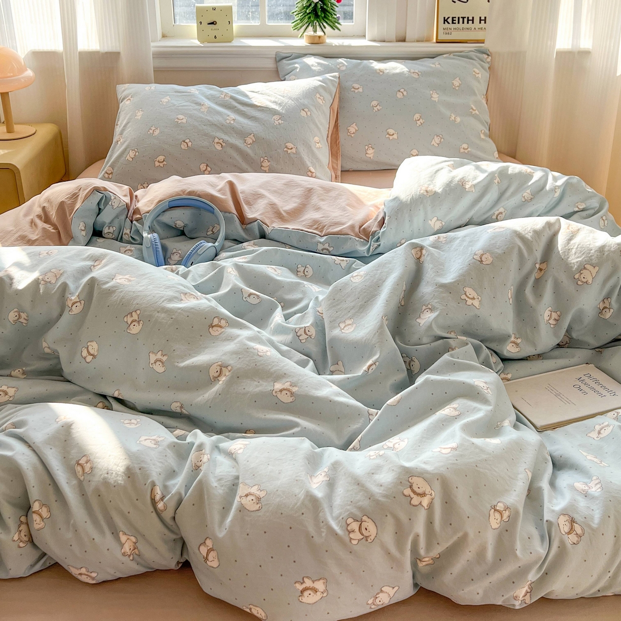 91家纺网 家纺一手货源 找家纺 格真 2026新款韩国小布袋A类古法水洗仿棉云感纱四件套 星愿狗