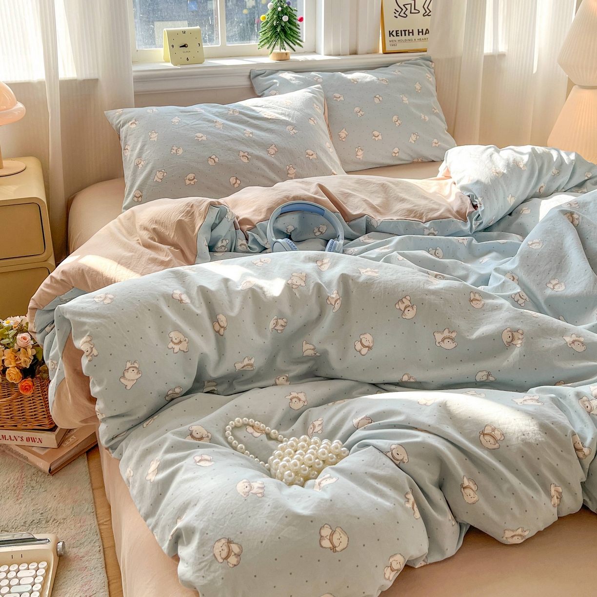 91家纺网 家纺一手货源 找家纺 格真 2026新款韩国小布袋A类古法水洗仿棉云感纱四件套 星愿狗