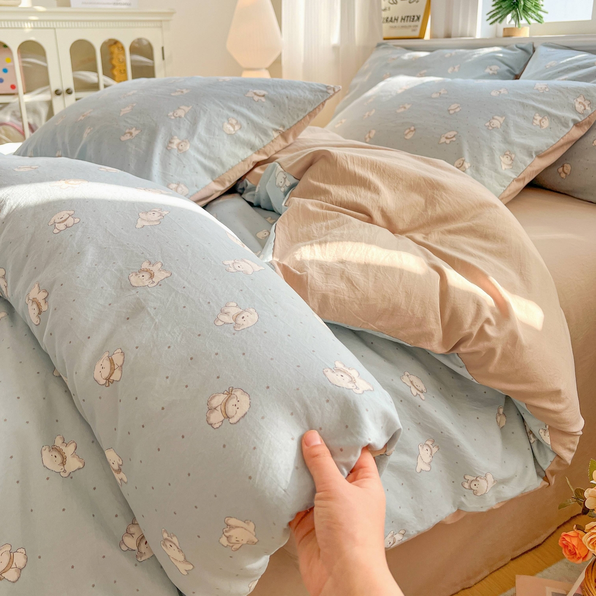 91家纺网 家纺一手货源 找家纺 格真 2026新款韩国小布袋A类古法水洗仿棉云感纱四件套 星愿狗