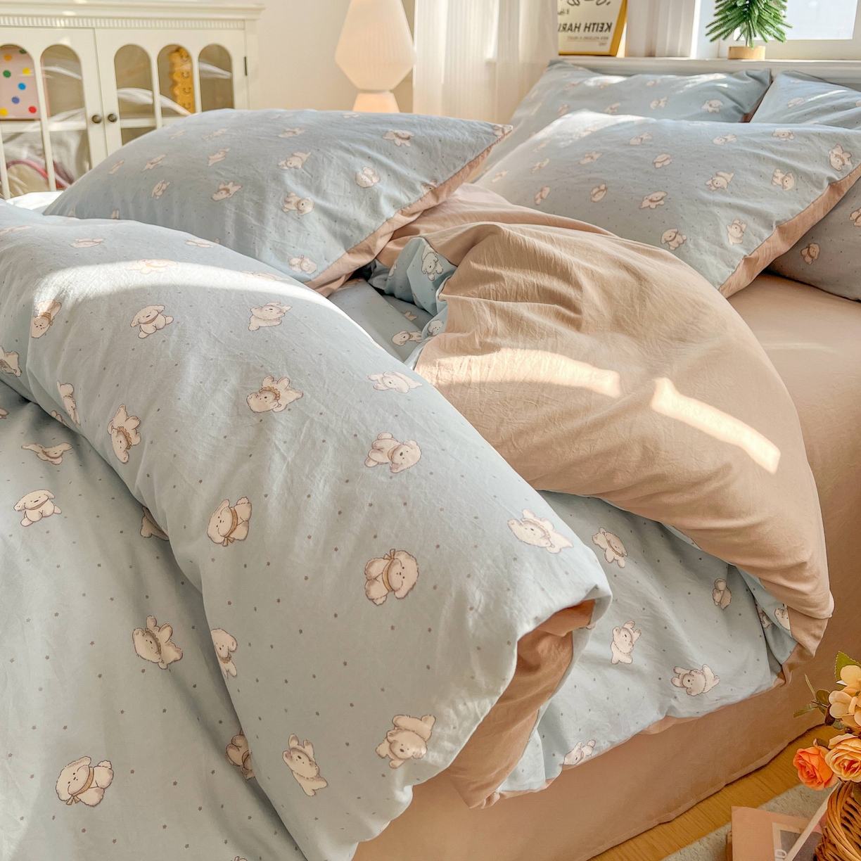 91家纺网 家纺一手货源 找家纺 格真 2026新款韩国小布袋A类古法水洗仿棉云感纱四件套 星愿狗