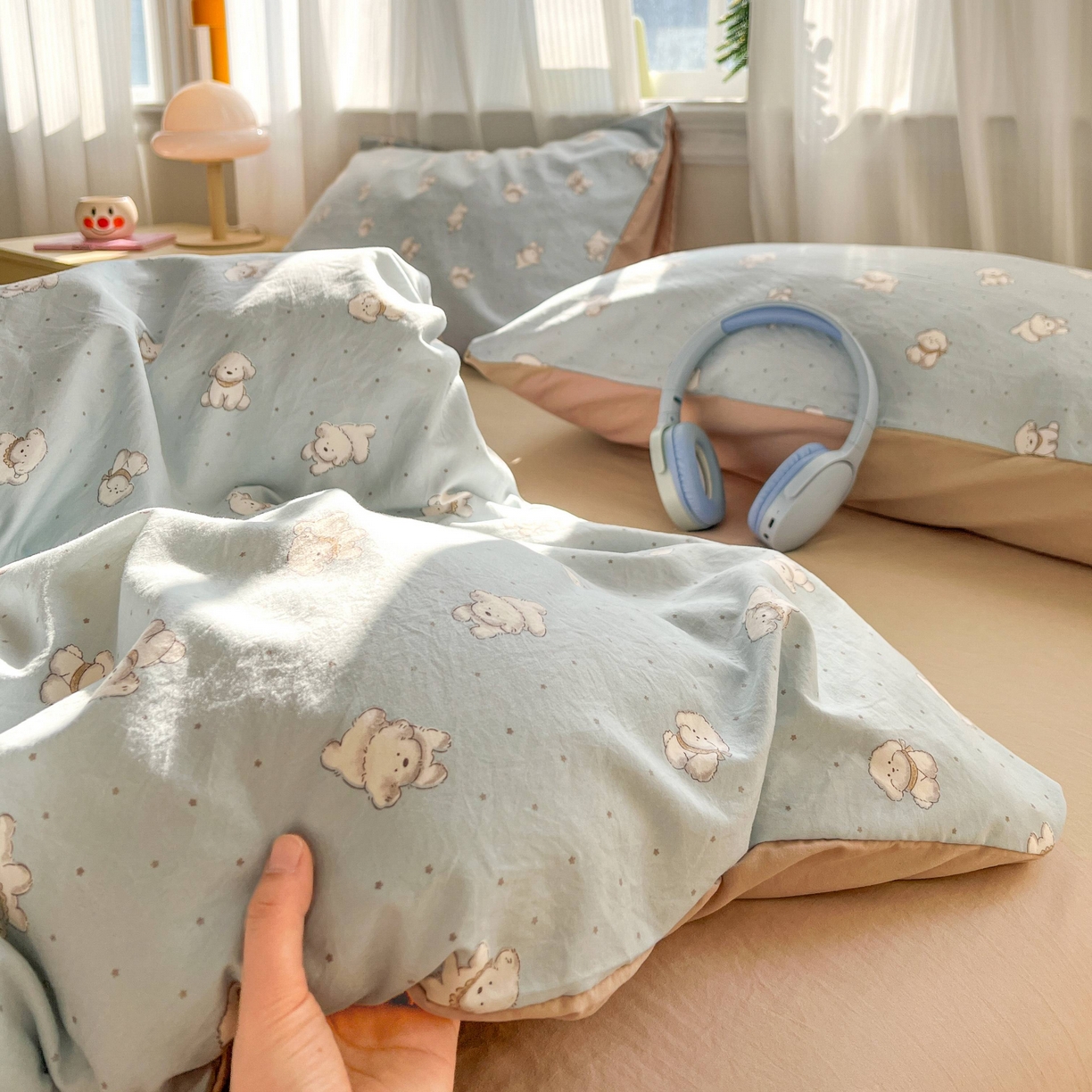 91家纺网 家纺一手货源 找家纺 格真 2026新款韩国小布袋A类古法水洗仿棉云感纱四件套 星愿狗