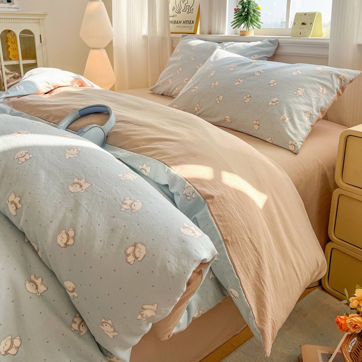 91家纺网 家纺一手货源 找家纺 格真 2026新款韩国小布袋A类古法水洗仿棉云感纱四件套 星愿狗