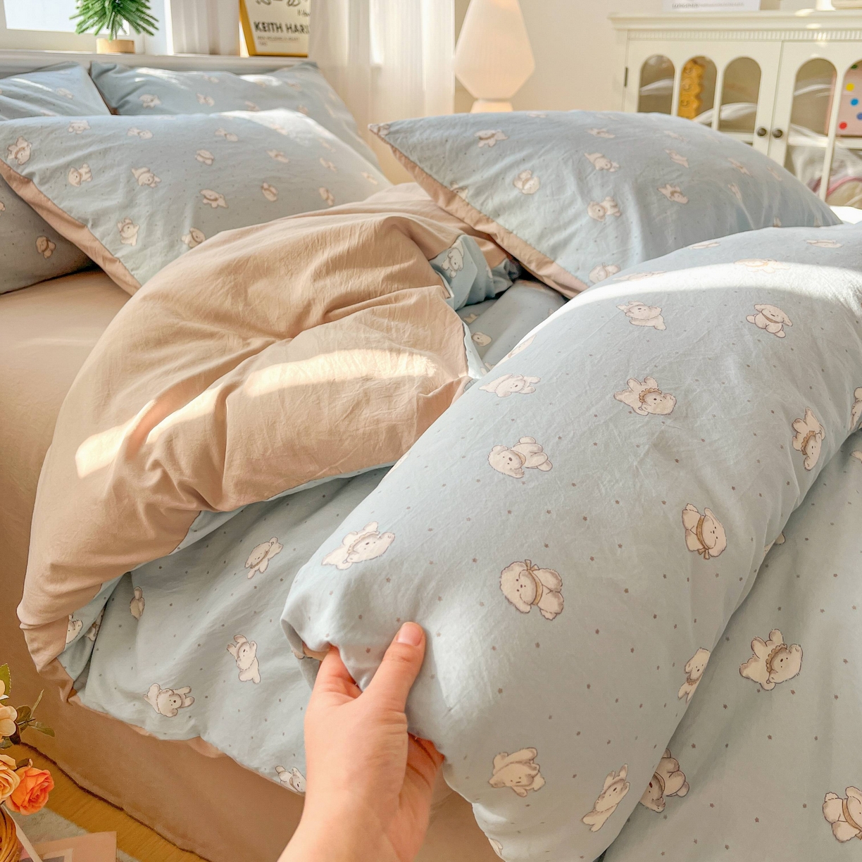 91家纺网 家纺一手货源 找家纺 格真 2026新款韩国小布袋A类古法水洗仿棉云感纱四件套 星愿狗