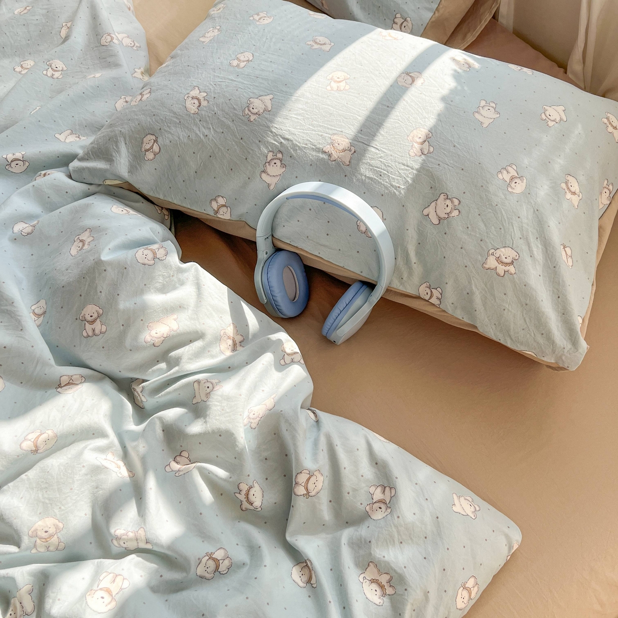 91家纺网 家纺一手货源 找家纺 格真 2026新款韩国小布袋A类古法水洗仿棉云感纱四件套 星愿狗