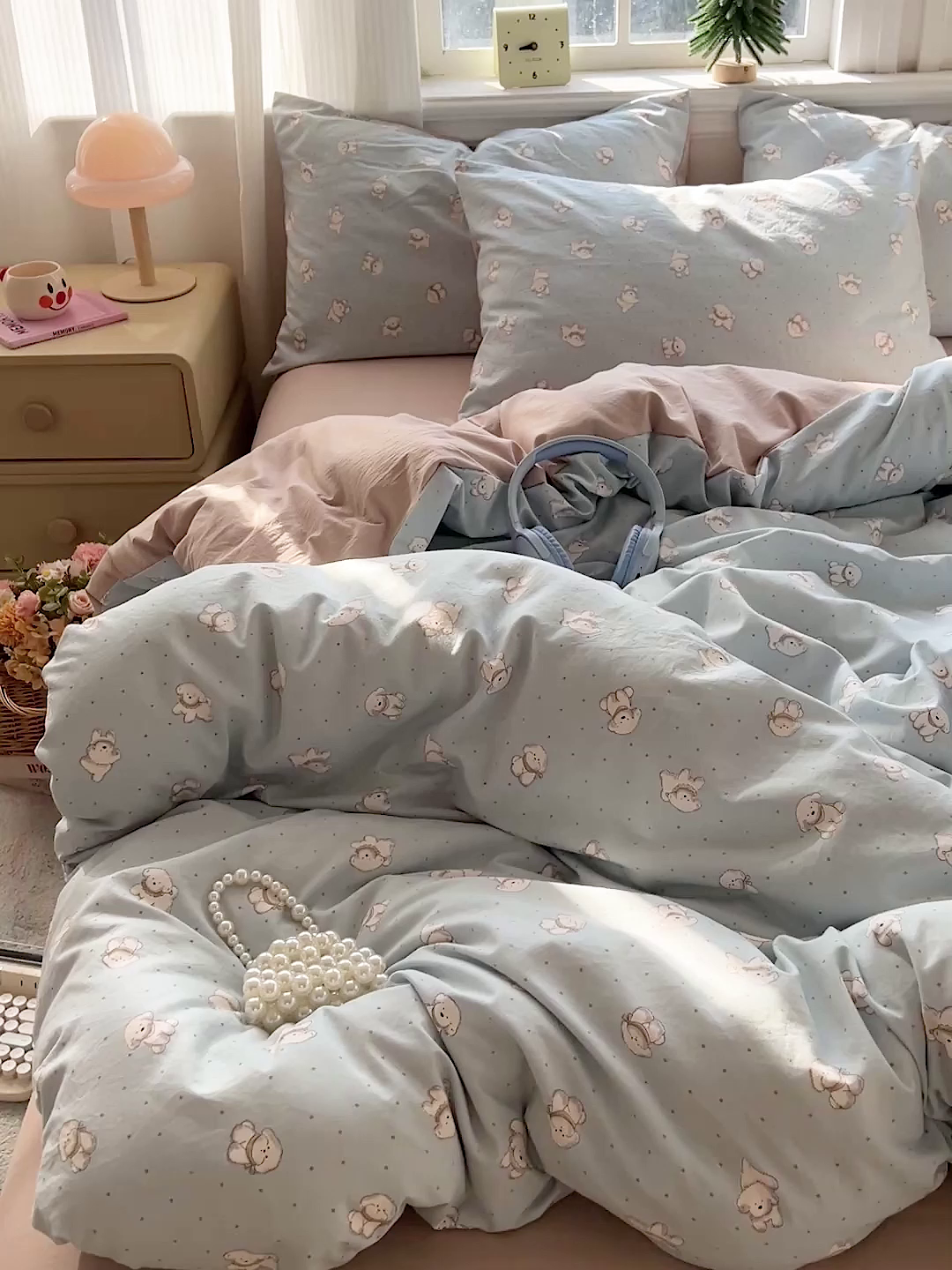 91家纺网 家纺一手货源 找家纺 格真 2026新款韩国小布袋A类古法水洗仿棉云感纱四件套 星愿狗