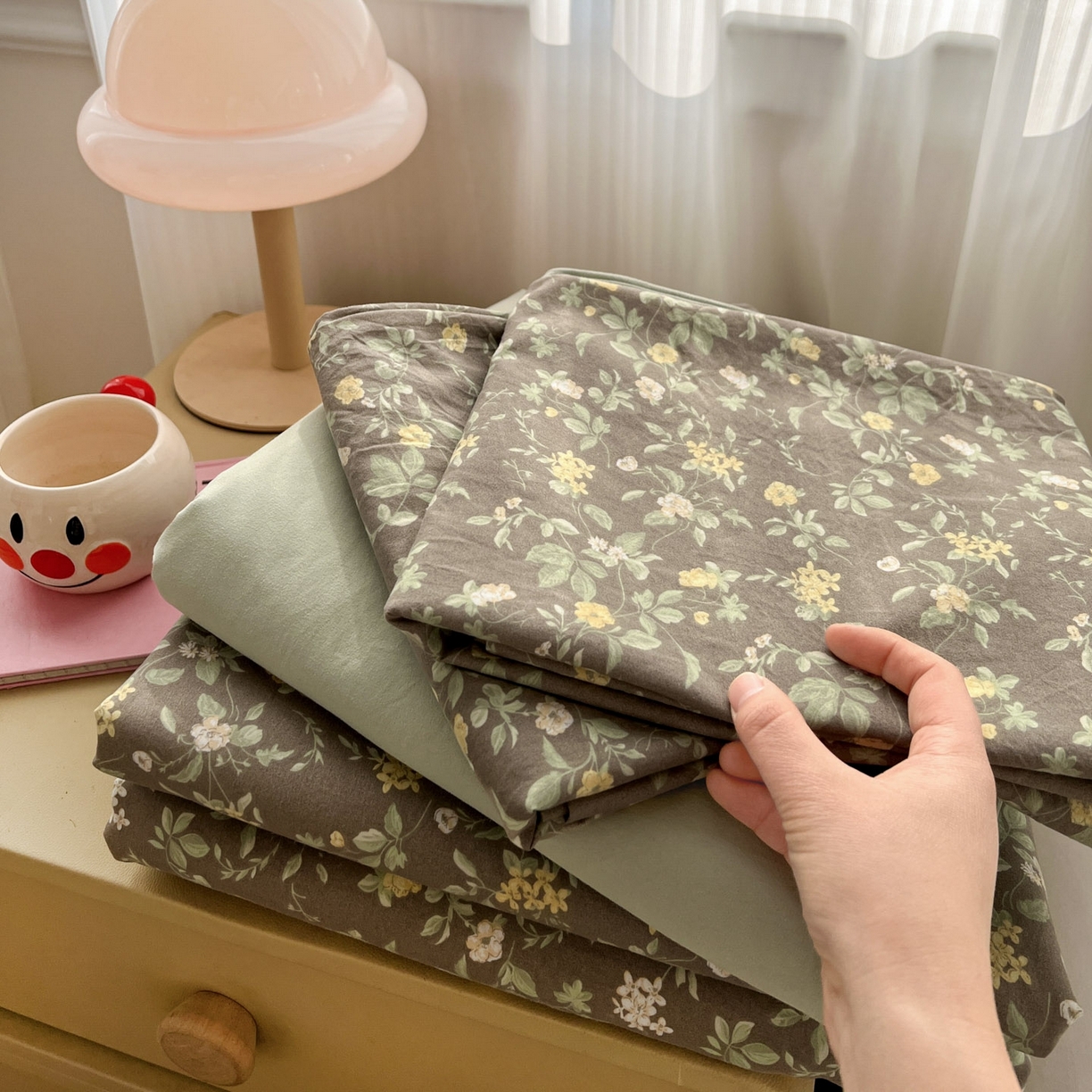 91家纺网 家纺一手货源 找家纺 格真 2026新款韩国小布袋A类古法水洗仿棉云感纱四件套 知否