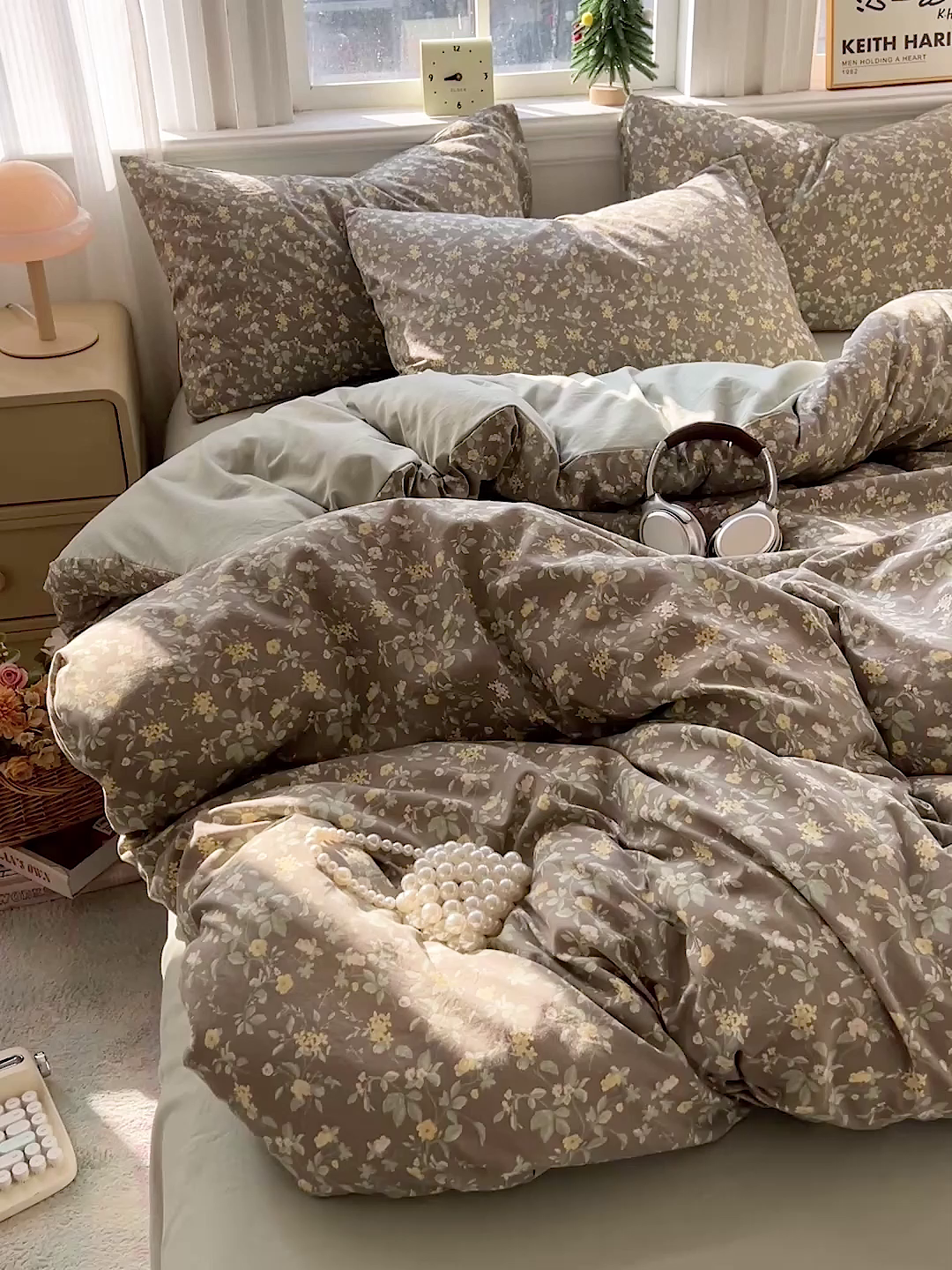 91家纺网 家纺一手货源 找家纺 格真 2026新款韩国小布袋A类古法水洗仿棉云感纱四件套 知否