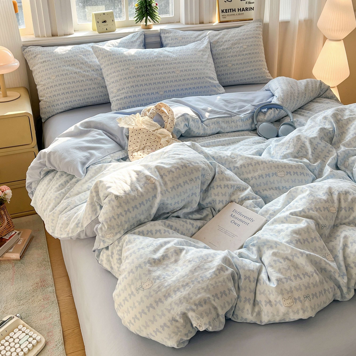 91家纺网 家纺一手货源 找家纺 格真 2026新款韩国小布袋A类古法水洗仿棉云感纱四件套 知音