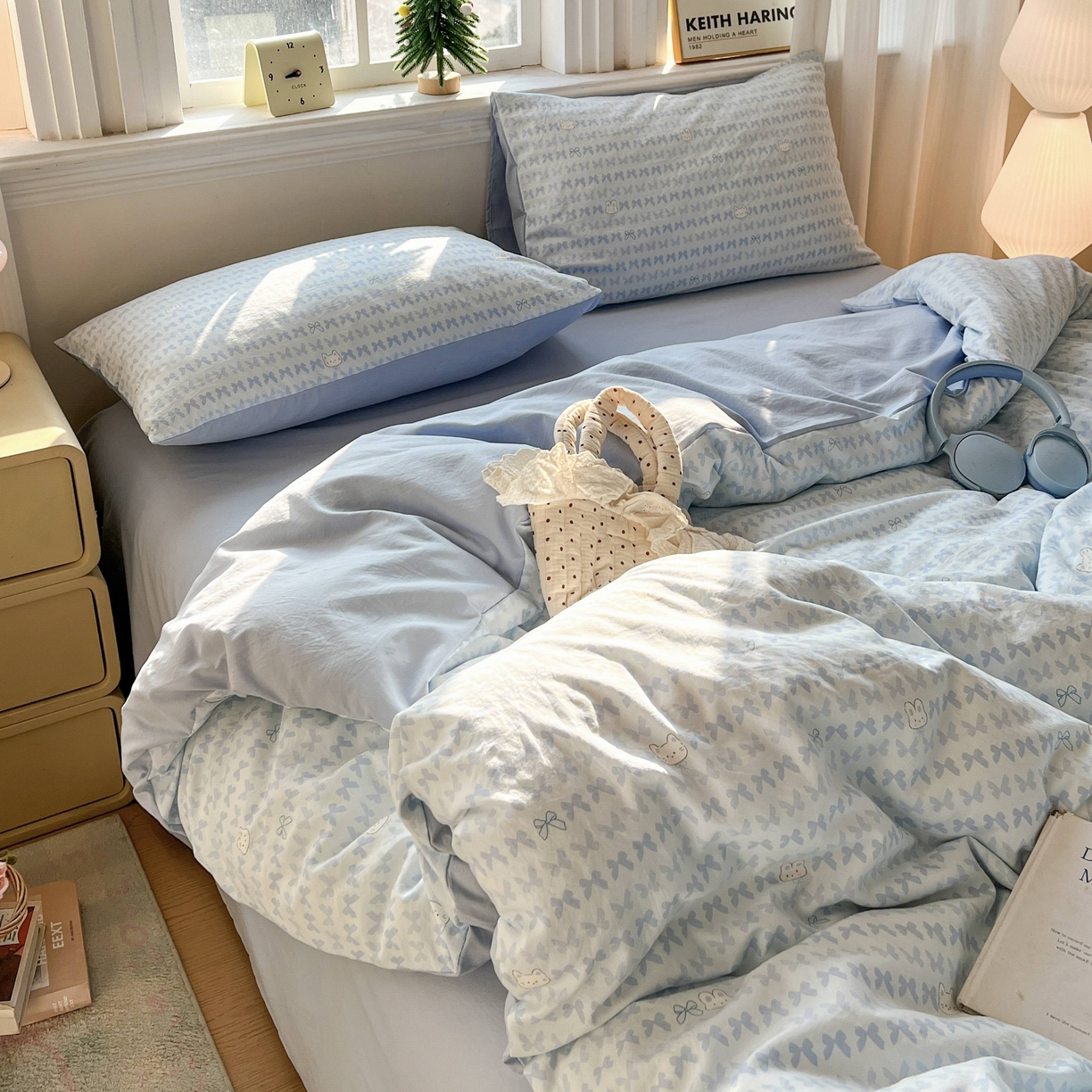 91家纺网 家纺一手货源 找家纺 格真 2026新款韩国小布袋A类古法水洗仿棉云感纱四件套 知音